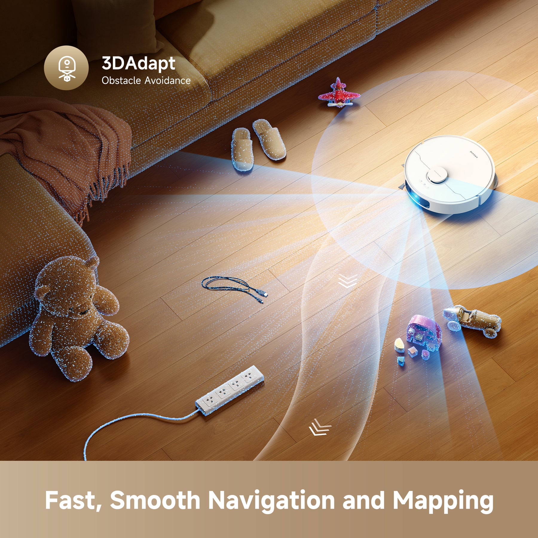 Robot vacuum on hardwood floor with visible obstacles like cords and small shoes