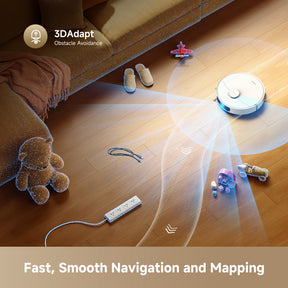 Robot vacuum on hardwood floor with visible obstacles like cords and small shoes