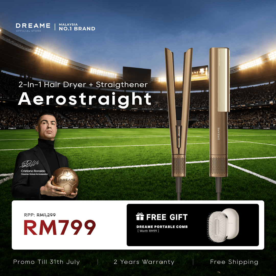 Dreame AeroStraight hair styler with two-barrel attachments, metallic finish