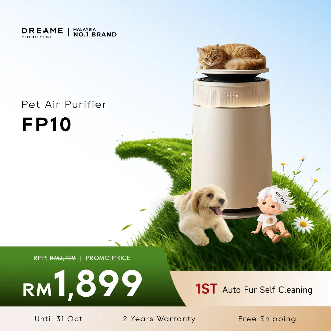 White Dreame FP10 air purifier with auto fur self-cleaning design, top open