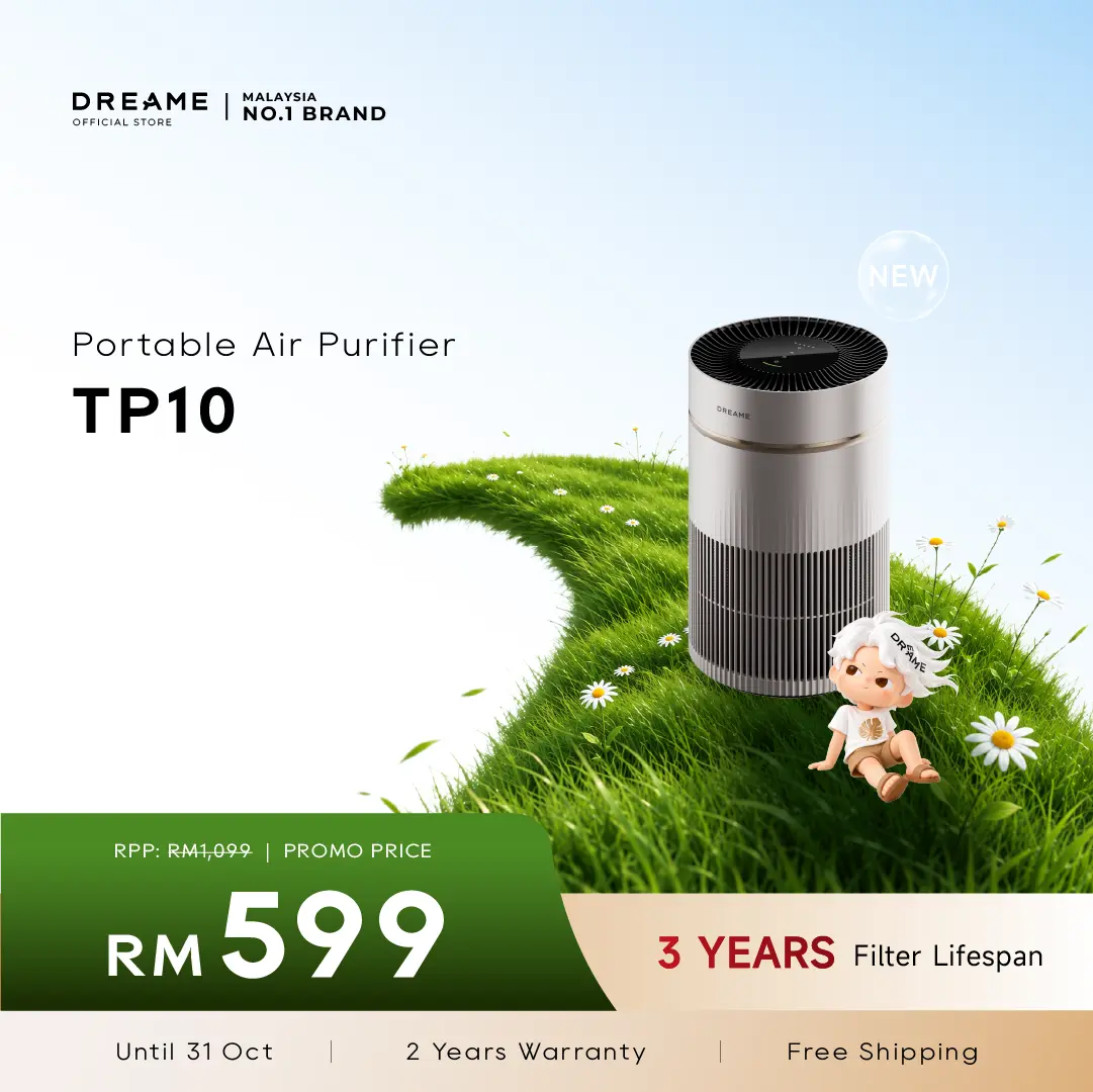 Dreame TP10 portable air purifier with cylindrical white body and black top fan