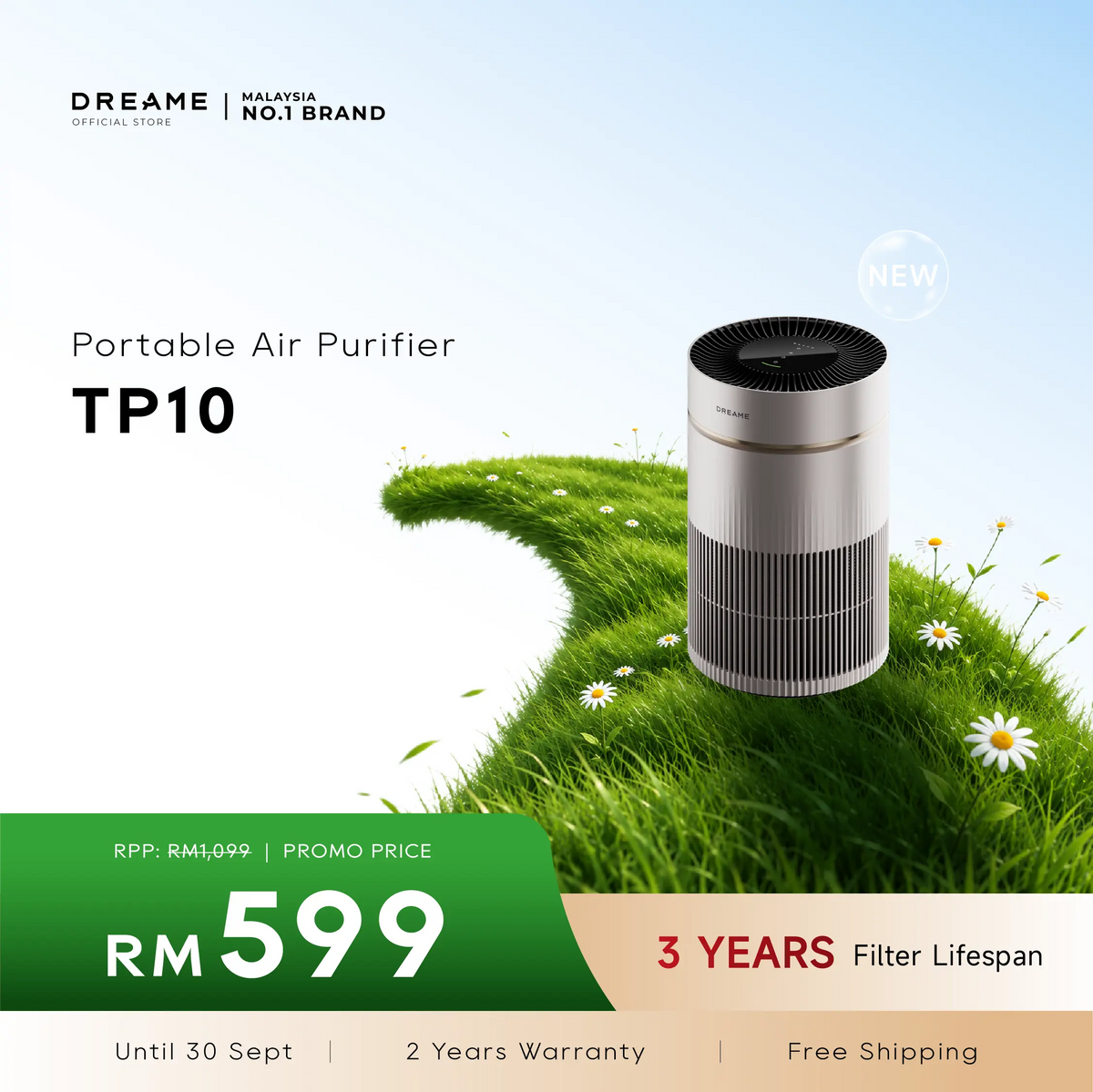 Dreame TP10 portable air purifier, gray cylinder with black top air vents