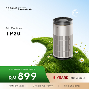 Dreame TP20 air purifier with cylindrical white body and black top, grille vents