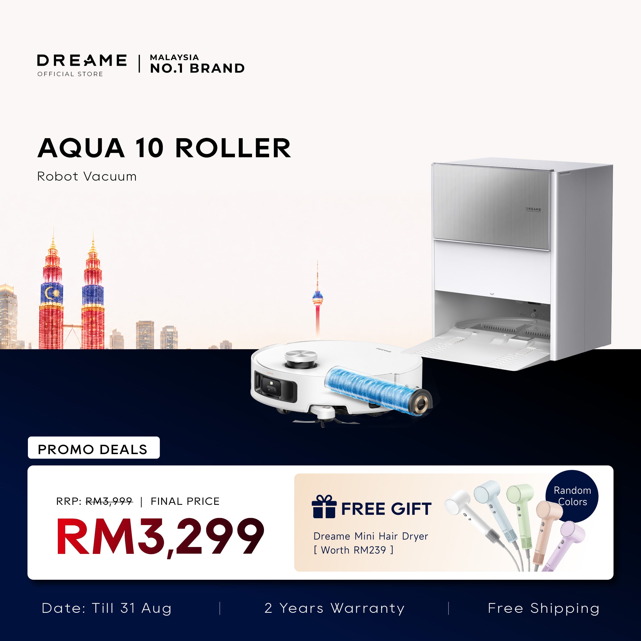 White roller robot vacuum with blue cleaning roller and side brush