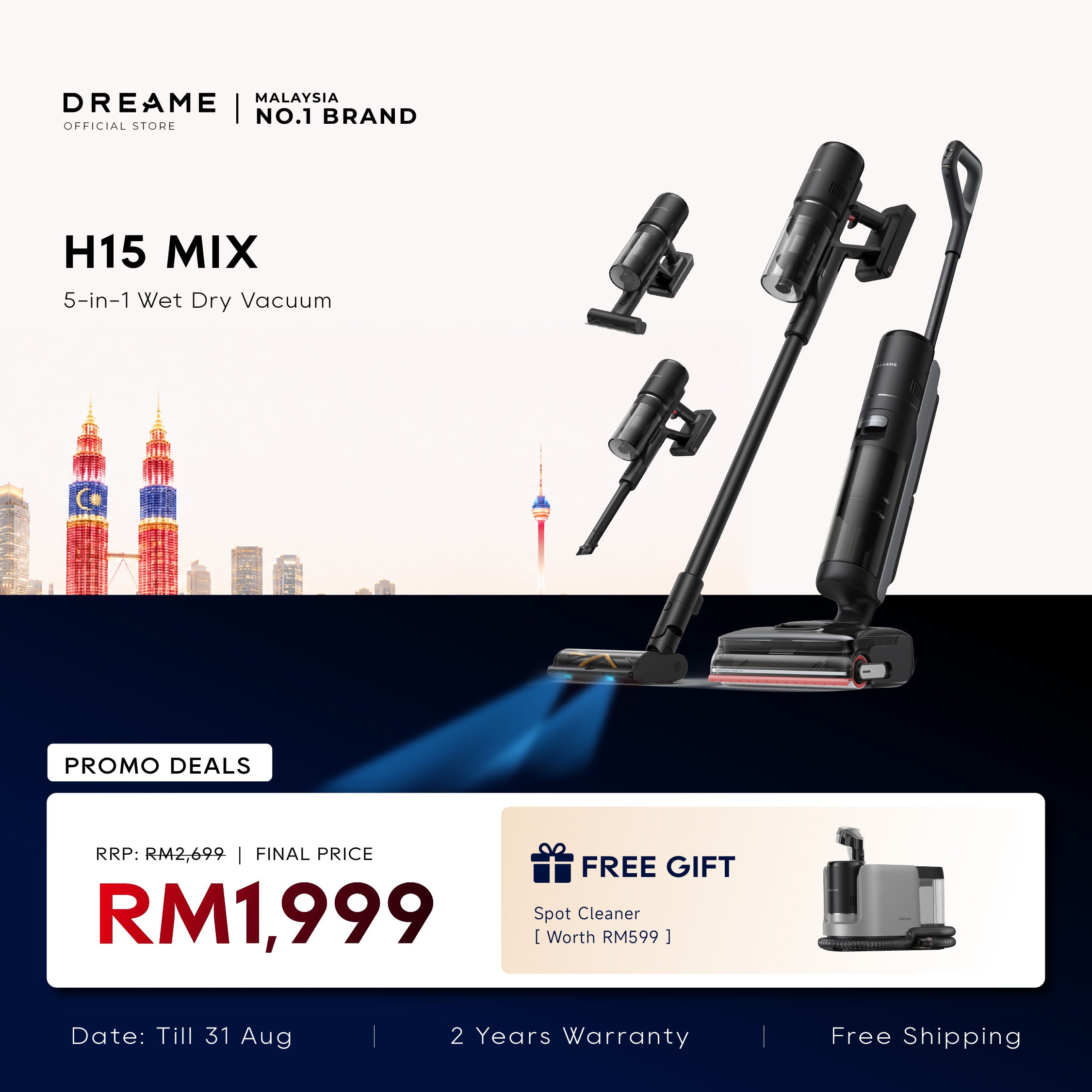 Dreame H15 Mix wet dry vacuum with dual nozzles and handheld wand, black