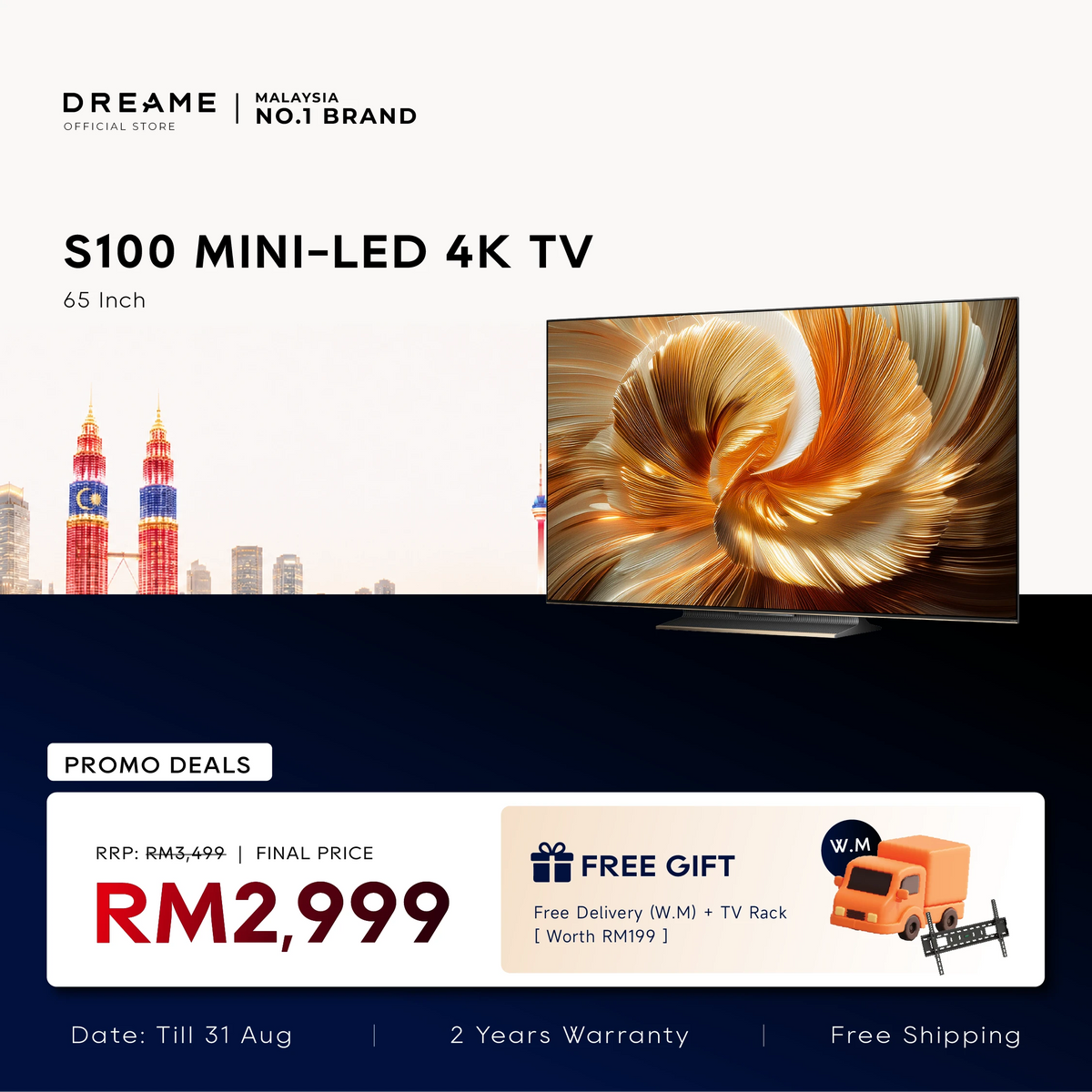 Dreame 65-inch Mini-LED 4K TV with stand, screen with orange abstract graphic