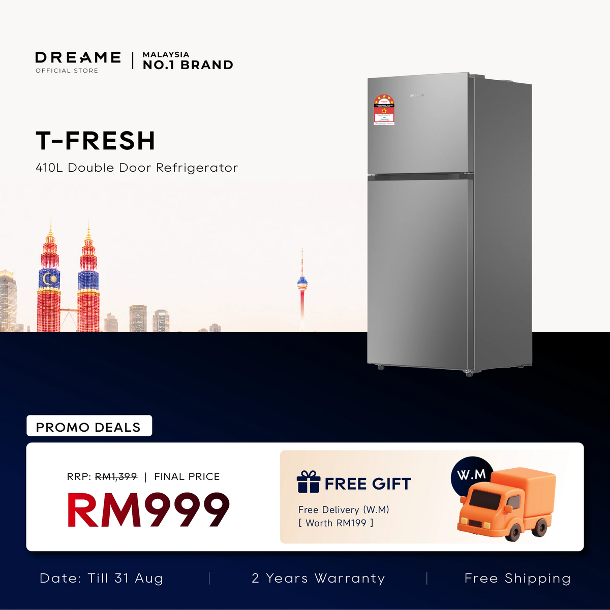 Double-door refrigerator, silver-gray finish, with top freezer and two vertical doors.