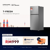 Double-door refrigerator, silver-gray finish, with top freezer and two vertical doors.