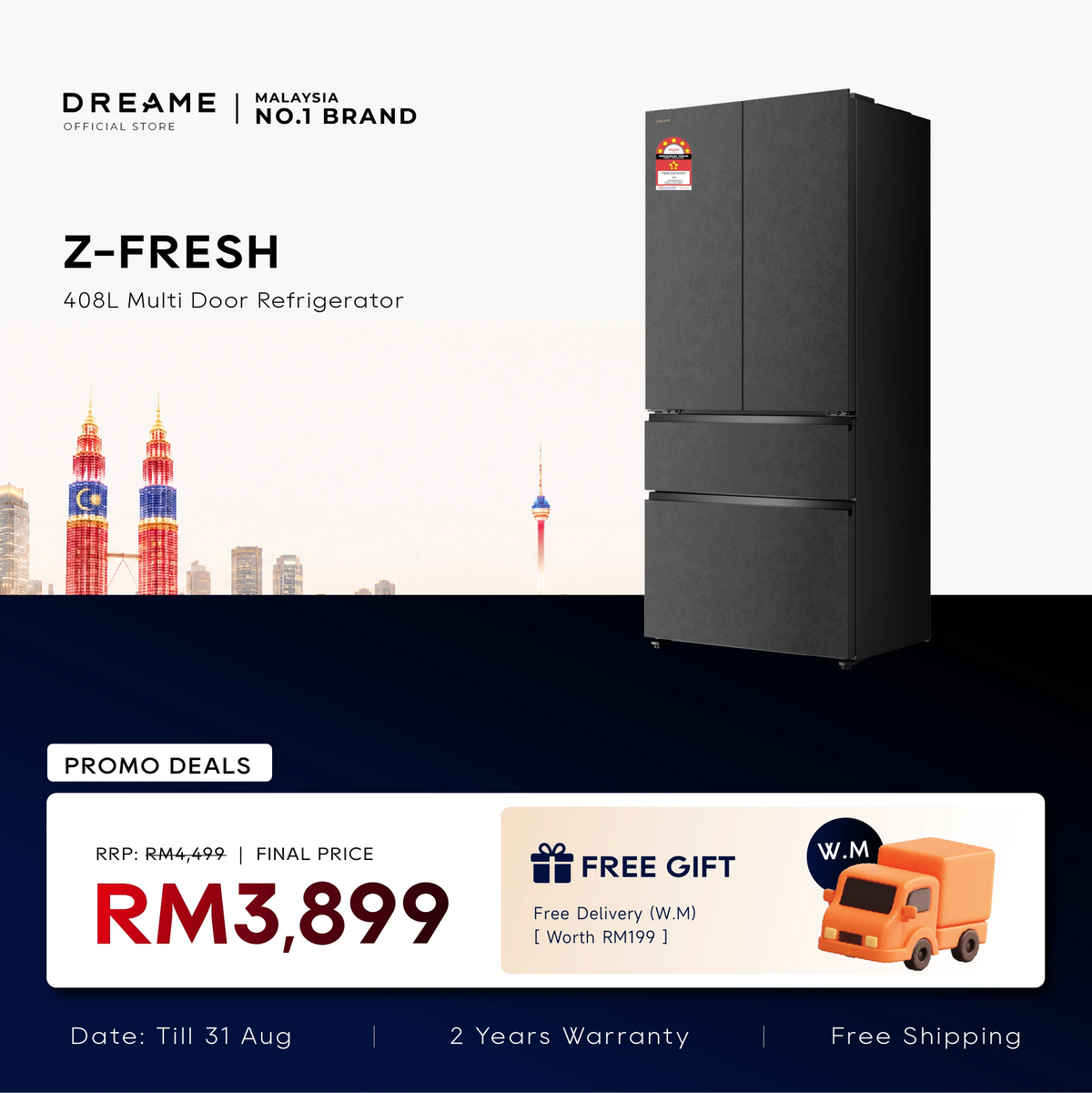 Multi-door refrigerator with two stacked doors and dark charcoal finish.