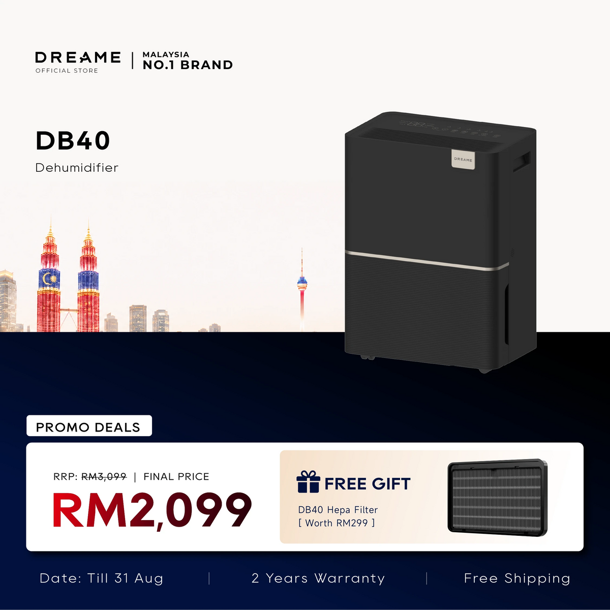 Black countertop dehumidifier with top control panel and front vent, standing upright.