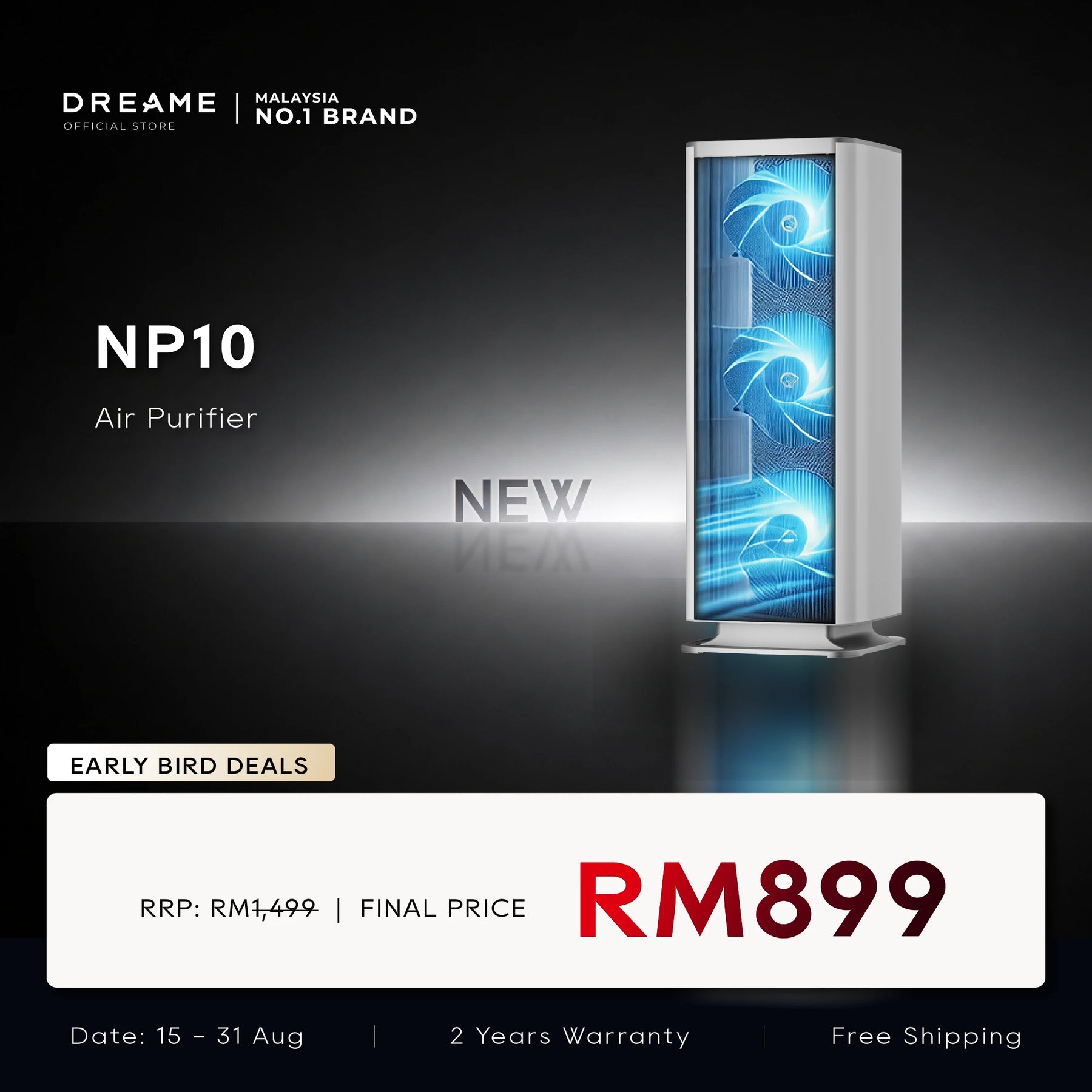 Dreame NP10 air purifier with vertical glowing blue display panel, white tower design