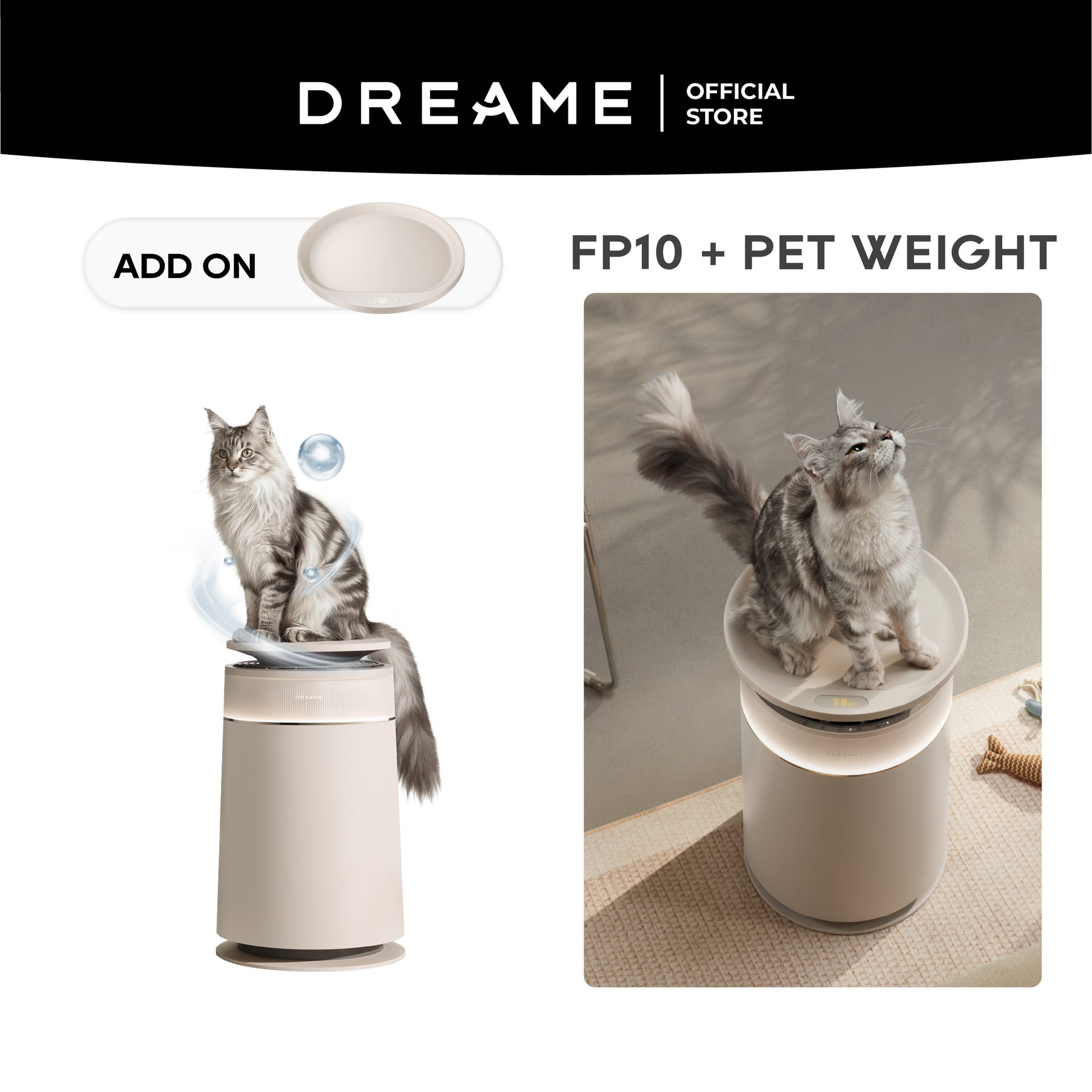 Dreame FP10 air purifier with add-on pet weighing tray shown beside unit