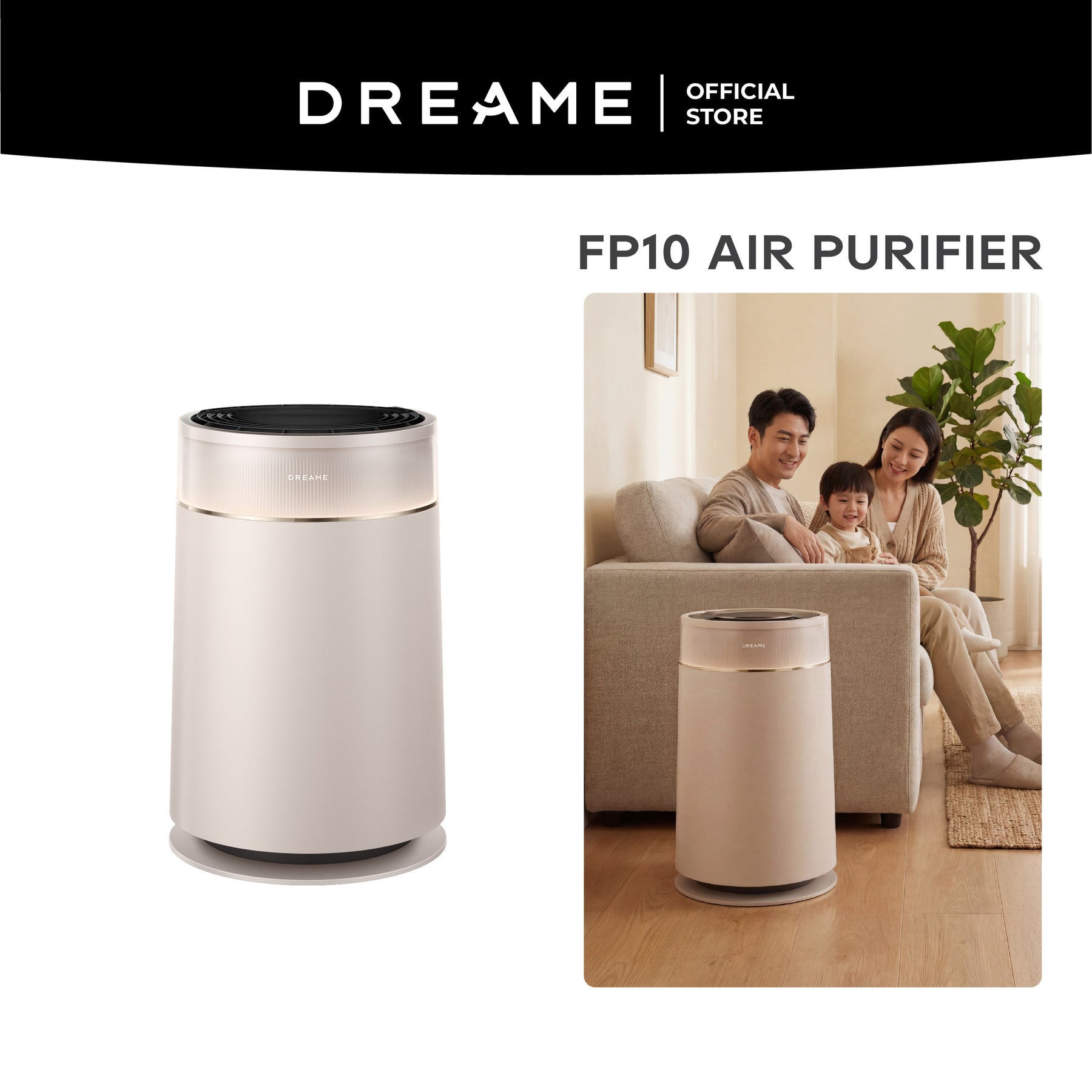 Dreame FP10 air purifier, white cylindrical unit with circular top vent
