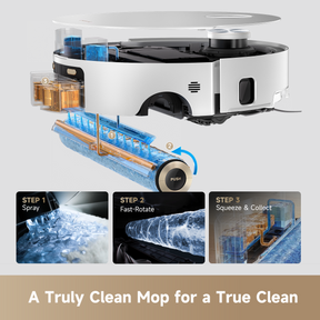 Robot Vacuum mit geöffnetem Wischmodul und Moppwalzen im Aufsatz