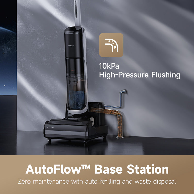 Wet-dry vacuum on base with high-pressure flushing spout, upright canister