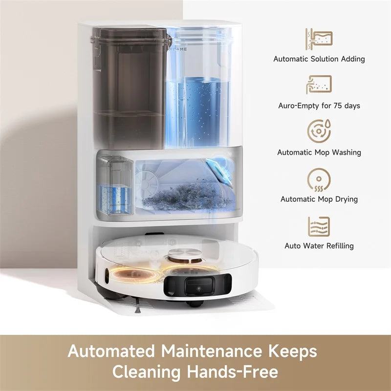 Automated cleaning base station with open water tank and docked robot vacuum.