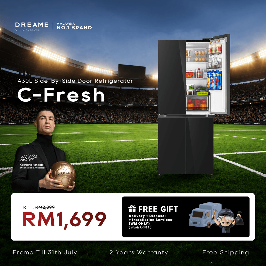 Side-by-side refrigerator with dark exterior, front view showing dual doors