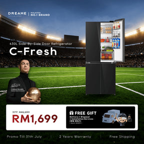 Side-by-side refrigerator with dark exterior, front view showing dual doors