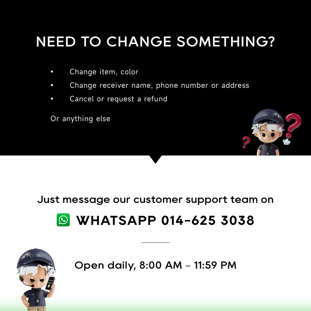 Customer support contact card with WhatsApp number and opening hours