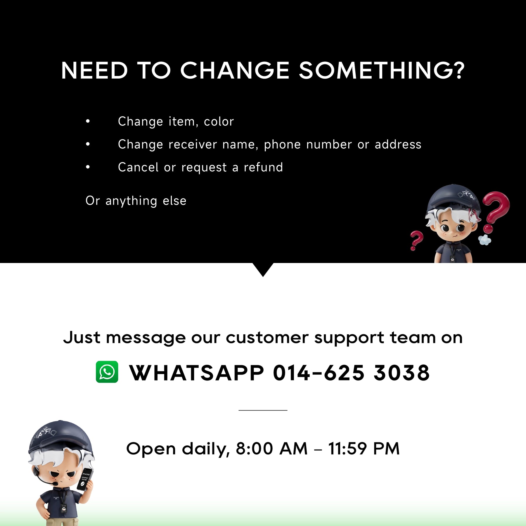Customer support contact card with WhatsApp number and opening hours