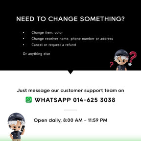 Customer support contact card with WhatsApp number and opening hours