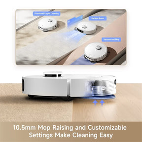 Robot vacuum with lifting mop features near docking station on wood floor.