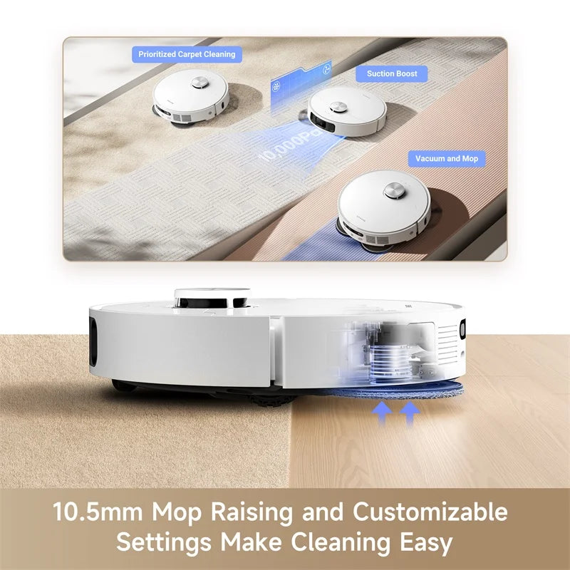 Robot vacuum with lifting mop features near docking station on wood floor.
