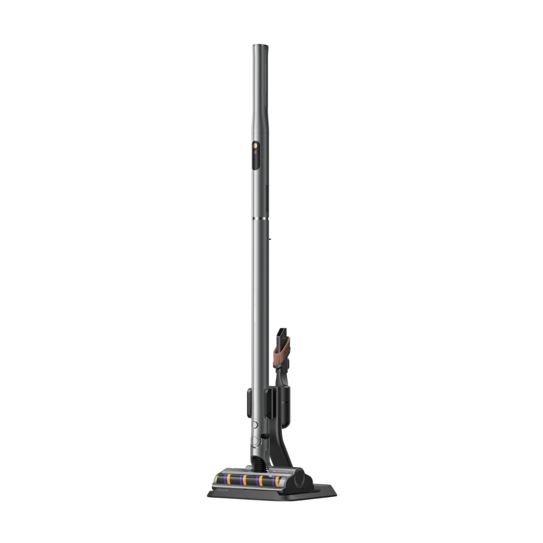 Dreame cordless stick vacuum cleaner with floor brush attachment, silver and black body