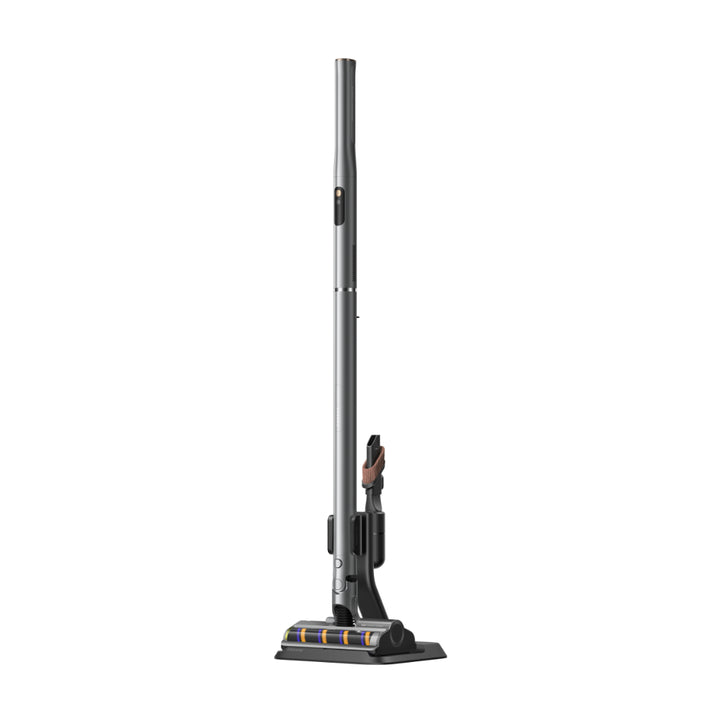 Dreame cordless stick vacuum cleaner with floor brush attachment, silver and black body