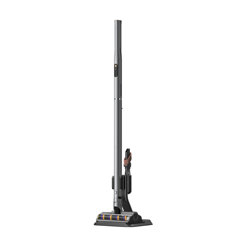 Dreame cordless stick vacuum cleaner with floor brush attachment, silver and black body