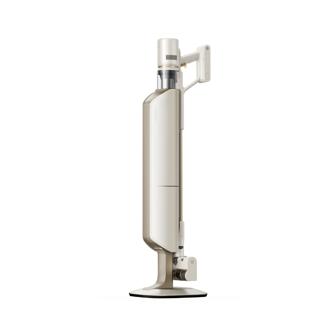 Cordless vacuum cleaner with auto-empty docking stand, beige and white design