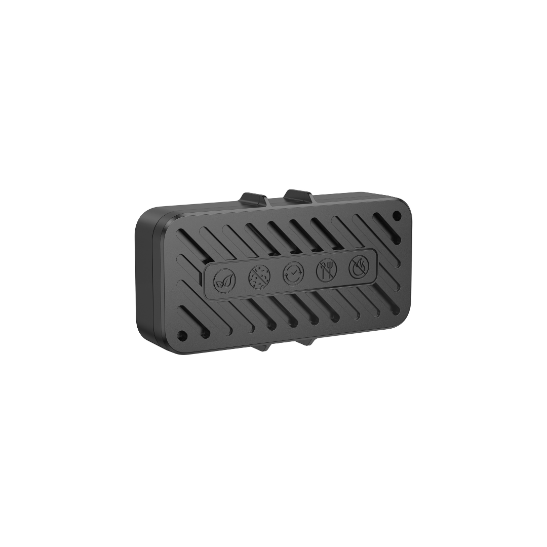 Robot vacuum wastewater module cover, black vented rectangular housing