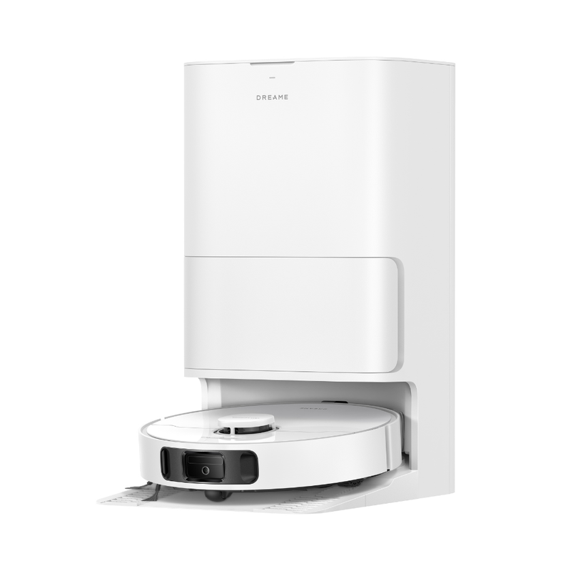 Robot vacuum on charging base station, white with dark control panel