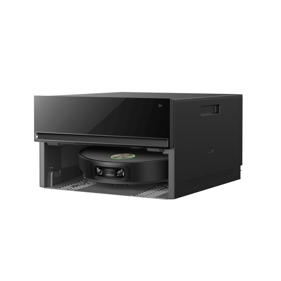 Black robot vacuum docking station with open bay for charging