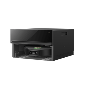 Black robot vacuum docking station with open bay for charging