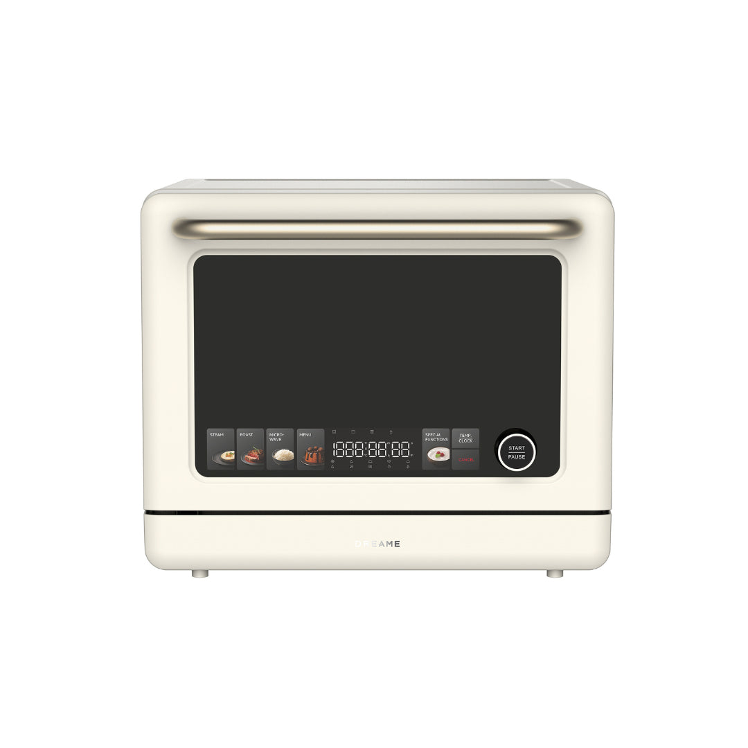 25L Combi Microwave Steam Oven with black touchscreen and start/pause button, white casing
