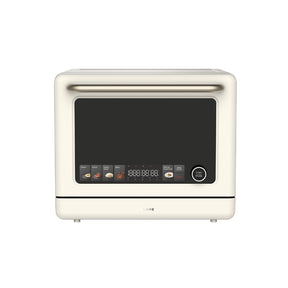 25L Combi Microwave Steam Oven with black touchscreen and start/pause button, white casing