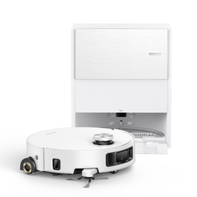 Dreame Aqua 10 Roller AE Robot Vacuum mit geöffneter Dock-Station und Rundroboter