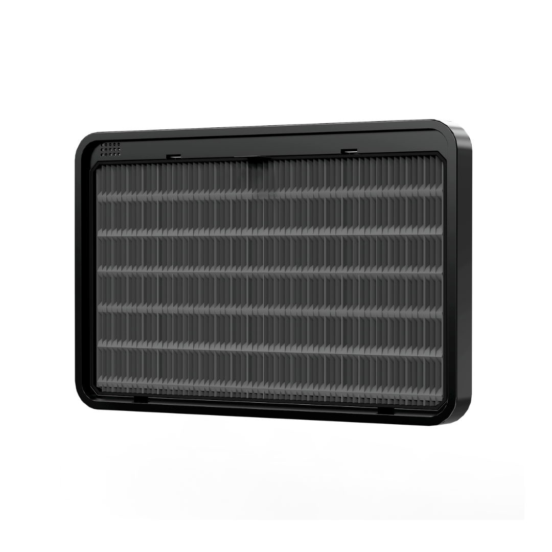 HEPA dehumidifier filter insert with gray pleated media in black frame