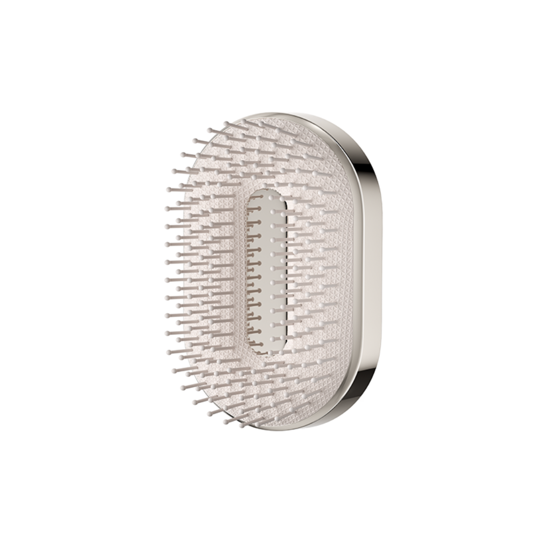 Portable comb brush head with fine plastic teeth, light gray and silver