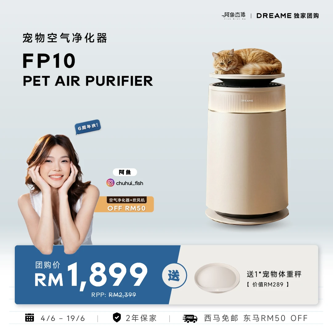 Pet air purifier with cylindrical white body and top lid, cat resting on top