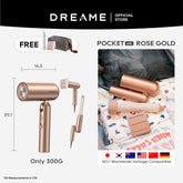 Rose gold Pocket Uni hair dryer with concentrator and styling nozzle attachments