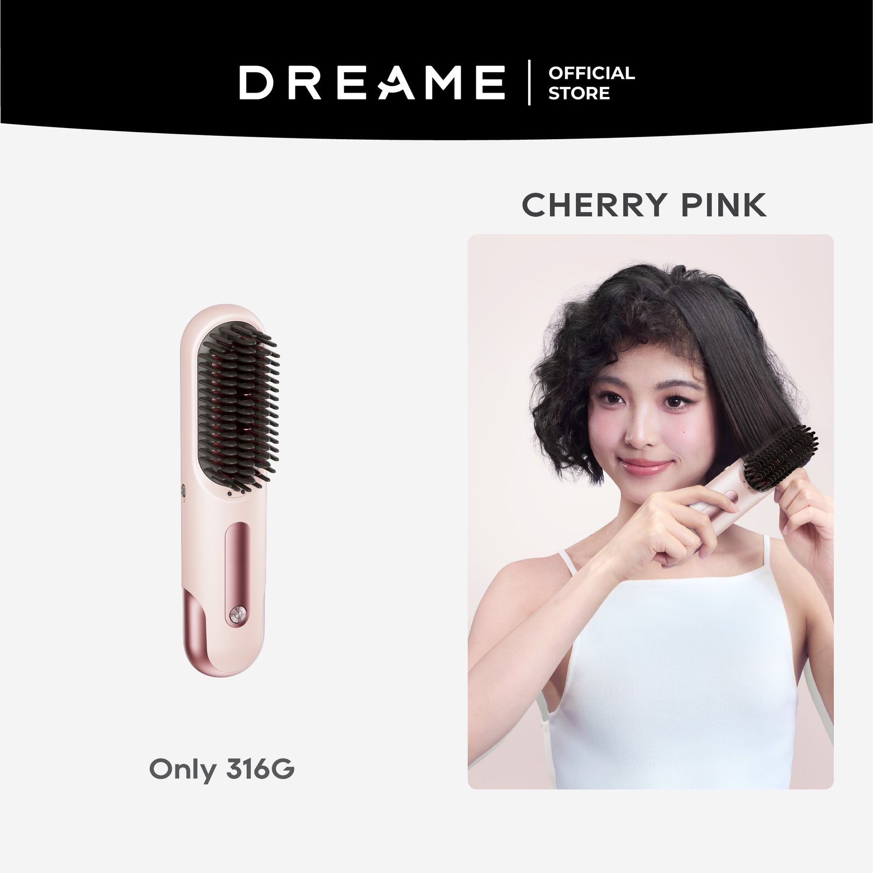 Cherry pink hair styler with vented barrel and comb bristles, handheld