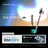 White stick cordless vacuum cleaner with charging stand and floor nozzle