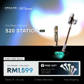 White stick cordless vacuum cleaner with charging stand and floor nozzle