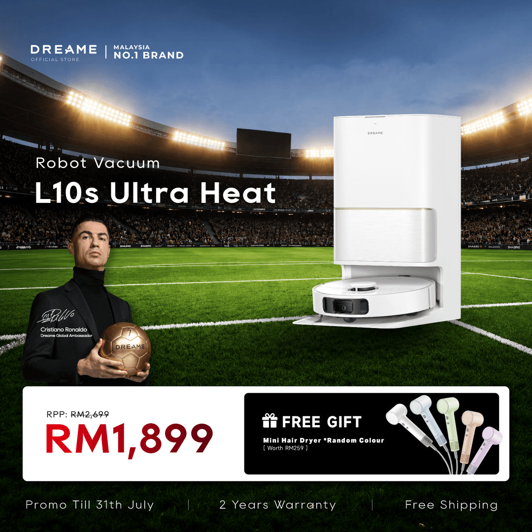 Dreame L10s Ultra Heat robot vacuum with white charging dock and compact cleaning base