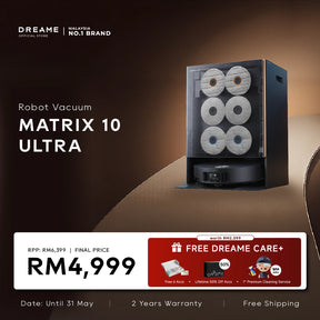 Dreame Matrix10 Ultra robot vacuum with charging dock, shown in retail packaging