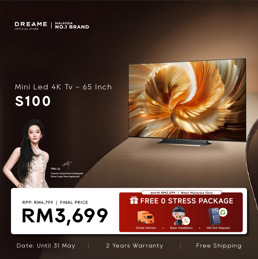 Dreame S100 mini LED 4K TV with gold flower display on a flat screen
