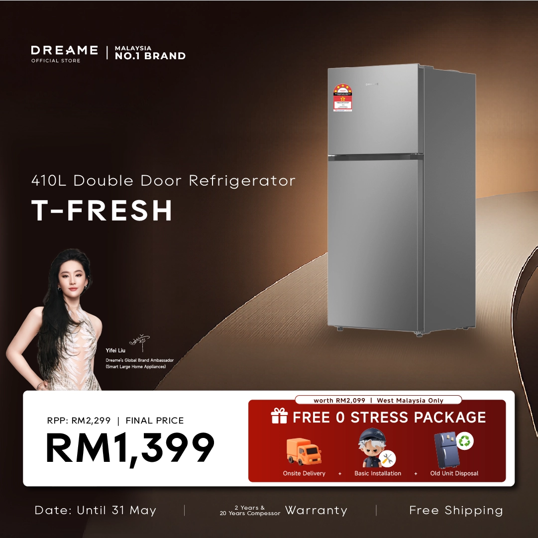 Silver double-door refrigerator with top freezer and bottom fridge doors