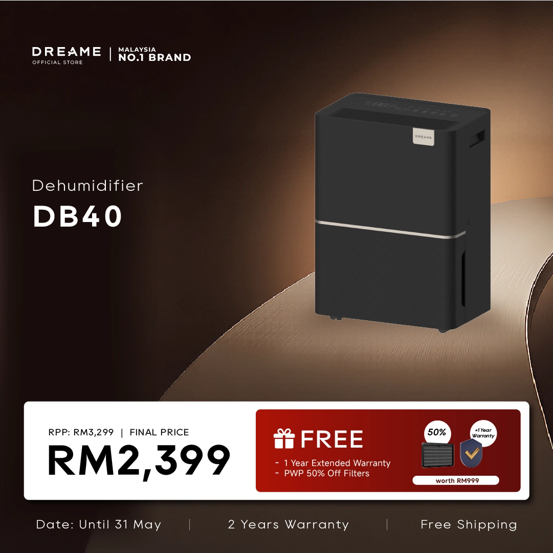 Black Dehumidifier DB40 on a bed surface, front view with top control panel